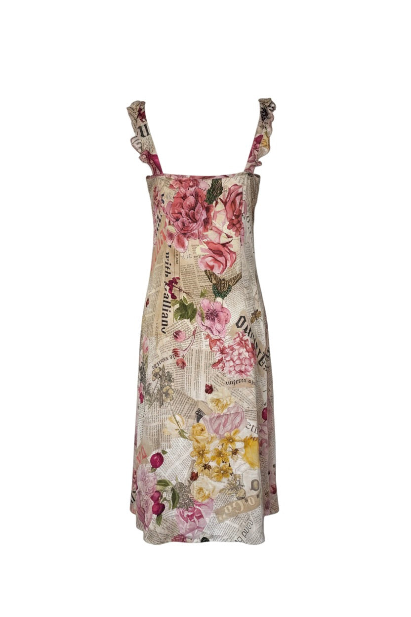 John Galliano Iconic Gazette Newspaper Floral 100% Silk Dress (Size XS-S)