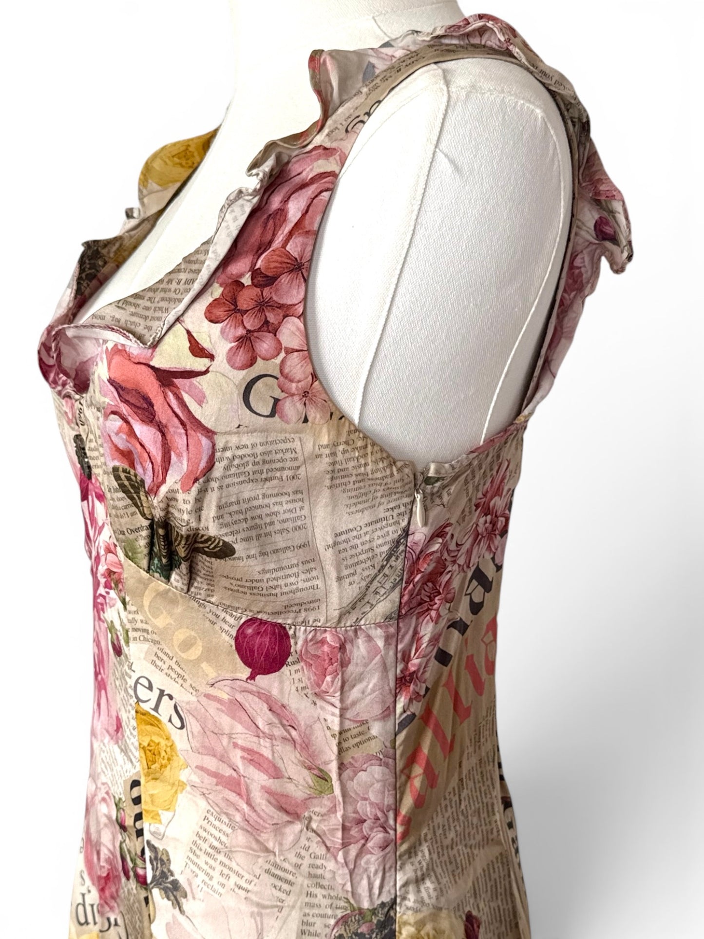 John Galliano Iconic Gazette Newspaper Floral 100% Silk Dress (Size XS)